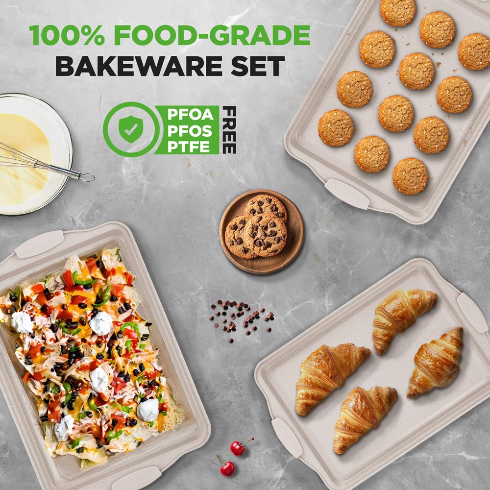 NutriChef 3 Piece Nonstick Cookie Sheets for Baking - Premium Carbon Steel Baking Pans with White Silicone Handles - Even Heat Distribution, PFOA/PFOS/PTFE Free, Easy to Clean - Cream Marble, NCBKT3CM