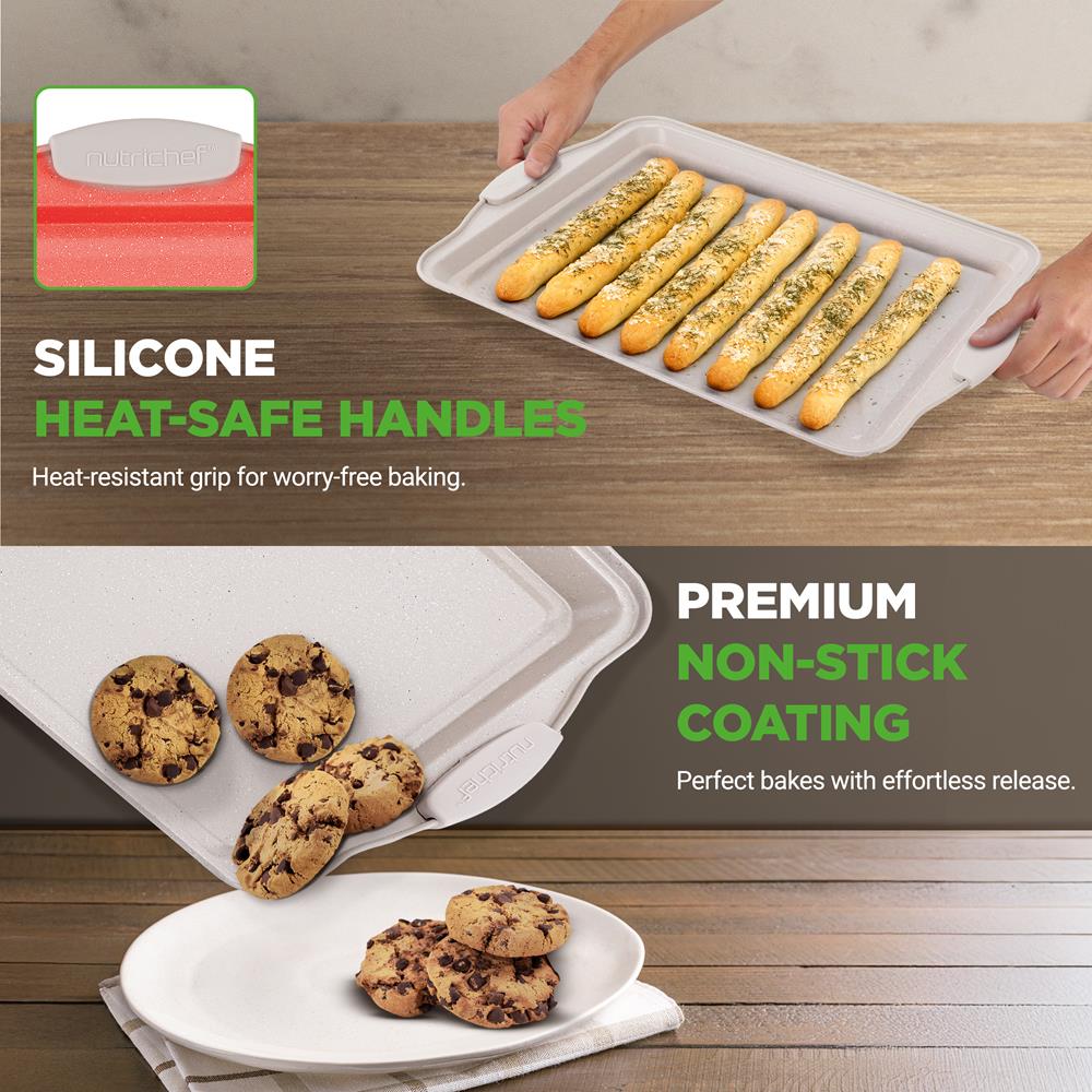NutriChef 3 Piece Nonstick Cookie Sheets for Baking - Premium Carbon Steel Baking Pans with White Silicone Handles - Even Heat Distribution, PFOA/PFOS/PTFE Free, Easy to Clean - Cream Marble, NCBKT3CM