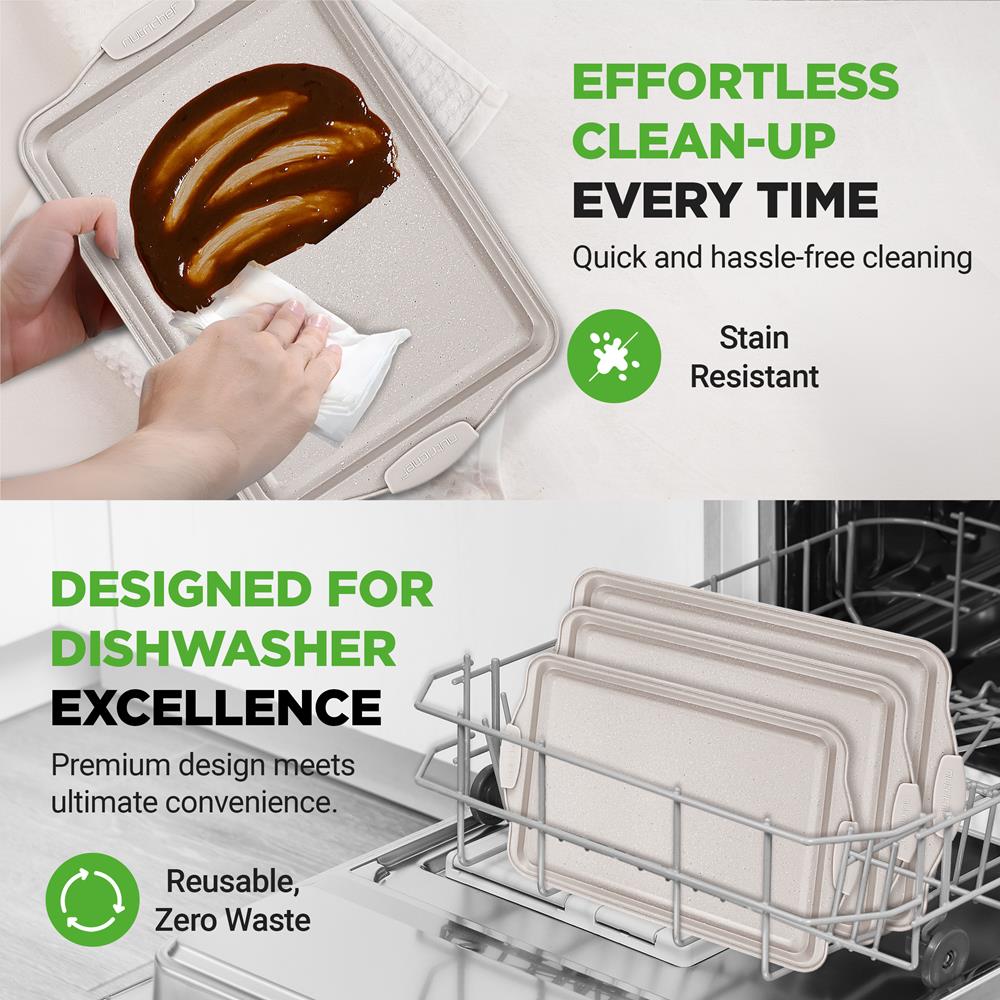 NutriChef 3 Piece Nonstick Cookie Sheets for Baking - Premium Carbon Steel Baking Pans with White Silicone Handles - Even Heat Distribution, PFOA/PFOS/PTFE Free, Easy to Clean - Cream Marble, NCBKT3CM