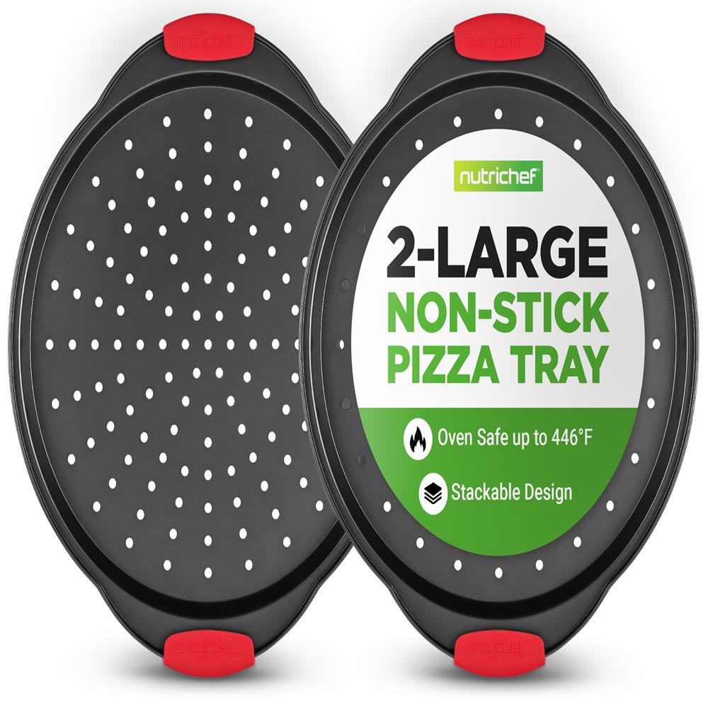 NutriChef 2-Piece 13-Inch Nonstick Pizza Tray, Round Carbon Steel Non-Stick Pizza Baking Pan with Perforated Holes, Premium Bakeware Pizza Screen with Silicone Grip Handles, Dishwasher Safe, NCBPIZX2