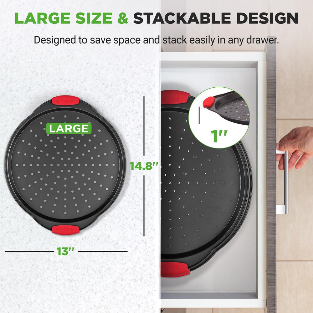 NutriChef 2-Piece 13-Inch Nonstick Pizza Tray, Round Carbon Steel Non-Stick Pizza Baking Pan with Perforated Holes, Premium Bakeware Pizza Screen with Silicone Grip Handles, Dishwasher Safe, NCBPIZX2