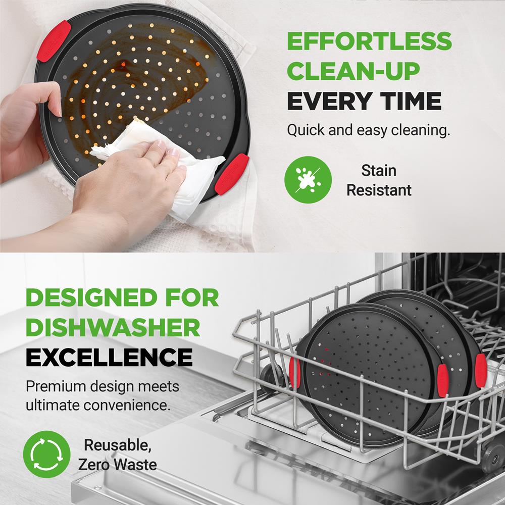 NutriChef 2-Piece 13-Inch Nonstick Pizza Tray, Round Carbon Steel Non-Stick Pizza Baking Pan with Perforated Holes, Premium Bakeware Pizza Screen with Silicone Grip Handles, Dishwasher Safe, NCBPIZX2