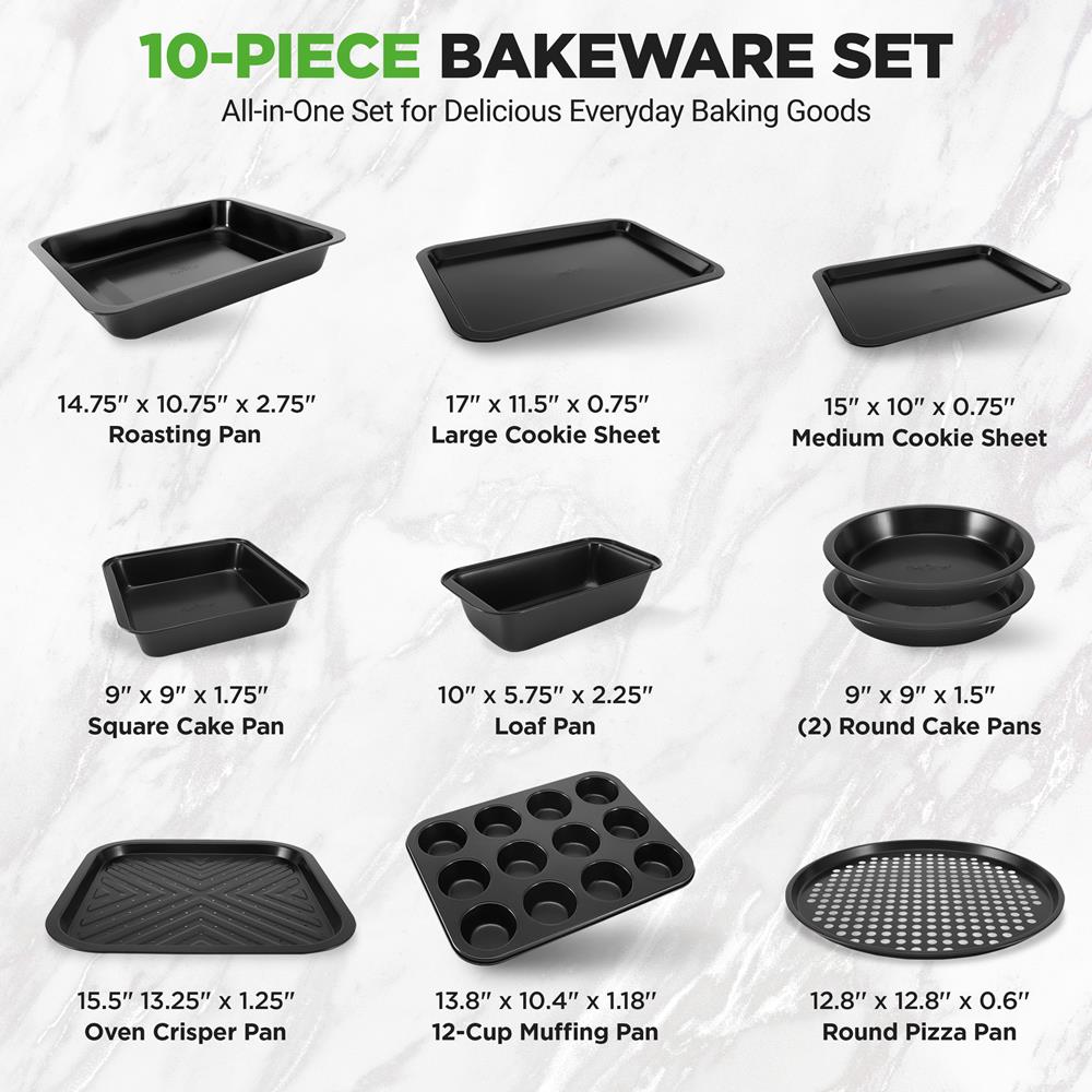 NutriChef 10-Piece Non-Stick Baking Set – Heavy-Duty Carbon Steel Bakeware Set w/ Cookie Sheets, Muffin Pan, Roasting Pan, Cake Pan, Baking Tray, Pizza Pan – Effortless Food Release & Easy Cleanup