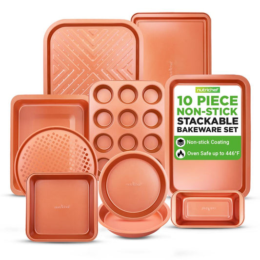 NutriChef 10-Piece Nonstick Oven Baking Pan Set - Premium Carbon Steel Bakeware w/Cookie Sheets, Loaf & Cupcake Pans, Perforated Crisper Pans, Round & Square Roasting Pans, Easy to Clean - Copper