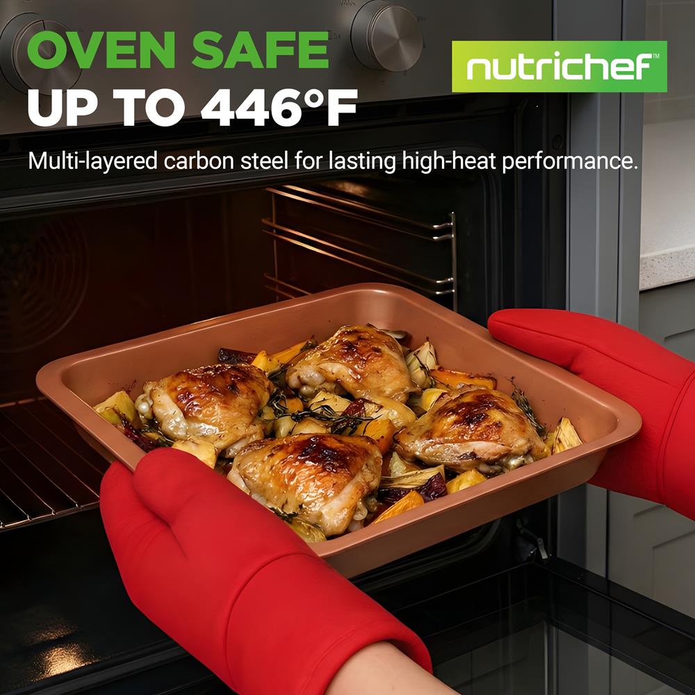 NutriChef 10-Piece Nonstick Oven Baking Pan Set - Premium Carbon Steel Bakeware w/Cookie Sheets, Loaf & Cupcake Pans, Perforated Crisper Pans, Round & Square Roasting Pans, Easy to Clean - Copper