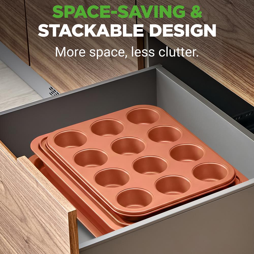 NutriChef 10-Piece Nonstick Oven Baking Pan Set - Premium Carbon Steel Bakeware w/Cookie Sheets, Loaf & Cupcake Pans, Perforated Crisper Pans, Round & Square Roasting Pans, Easy to Clean - Copper