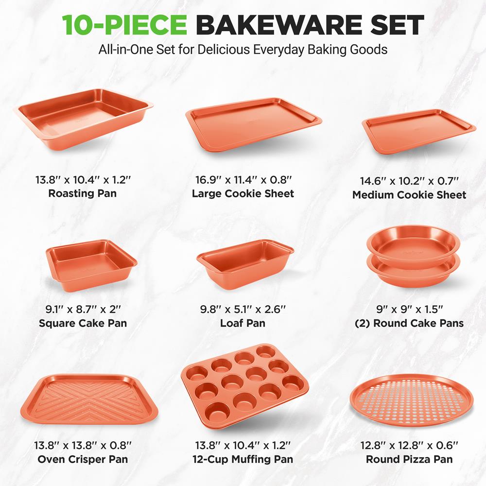 NutriChef 10-Piece Nonstick Oven Baking Pan Set - Premium Carbon Steel Bakeware w/Cookie Sheets, Loaf & Cupcake Pans, Perforated Crisper Pans, Round & Square Roasting Pans, Easy to Clean - Copper