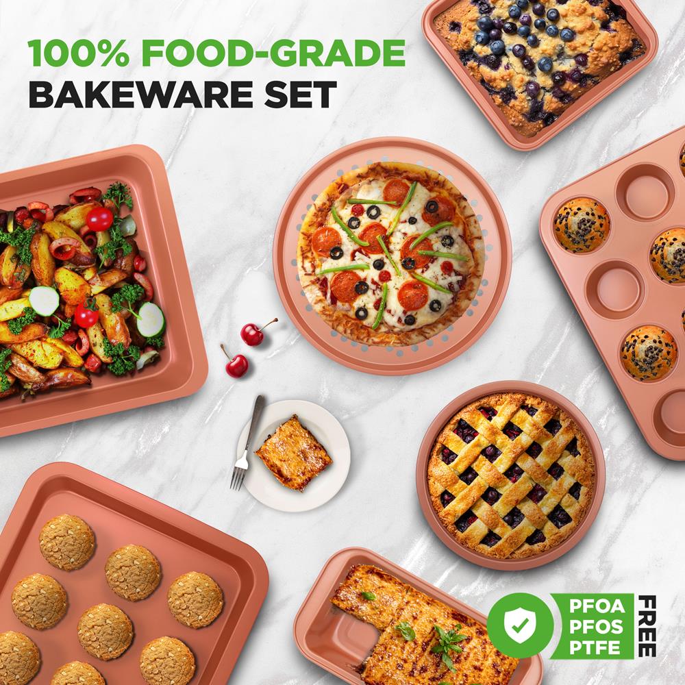 NutriChef 10-Piece Nonstick Oven Baking Pan Set - Premium Carbon Steel Bakeware w/Cookie Sheets, Loaf & Cupcake Pans, Perforated Crisper Pans, Round & Square Roasting Pans, Easy to Clean - Copper
