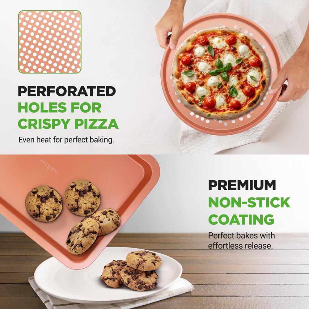 NutriChef 10-Piece Nonstick Oven Baking Pan Set - Premium Carbon Steel Bakeware w/Cookie Sheets, Loaf & Cupcake Pans, Perforated Crisper Pans, Round & Square Roasting Pans, Easy to Clean - Copper