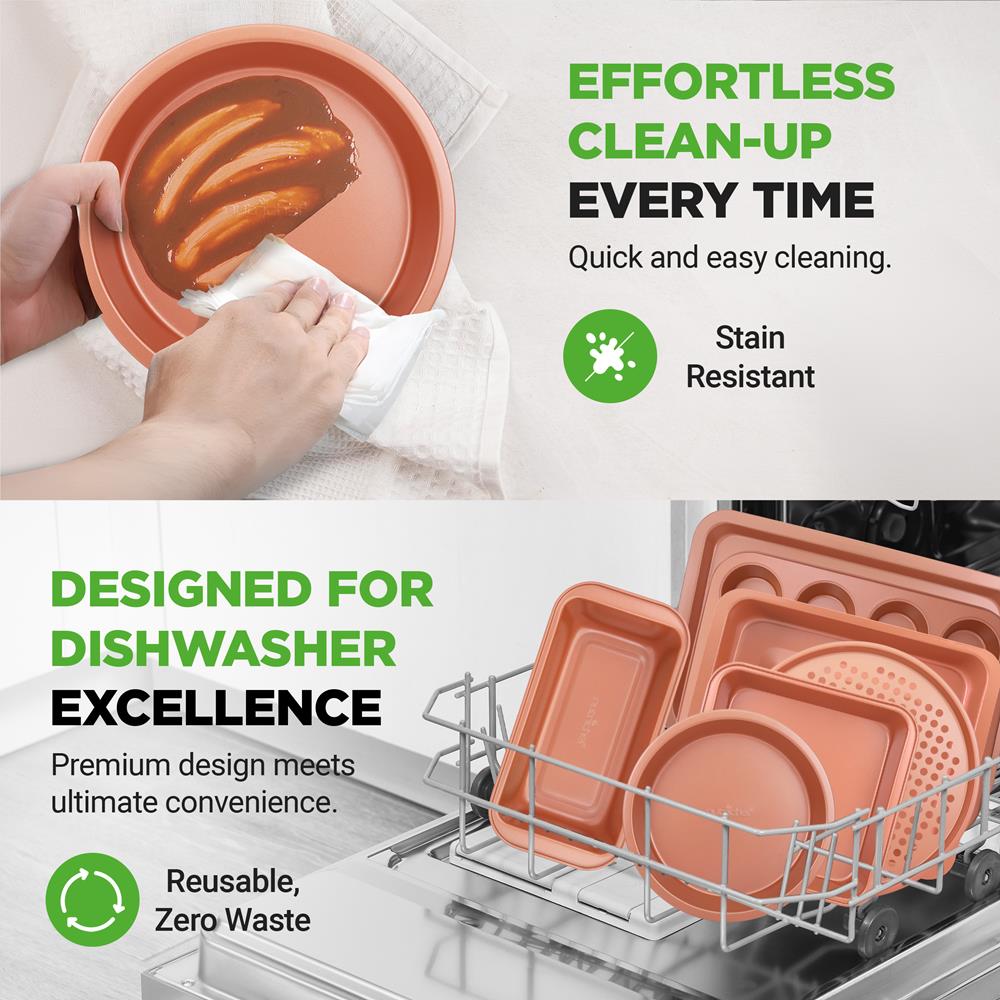 NutriChef 10-Piece Nonstick Oven Baking Pan Set - Premium Carbon Steel Bakeware w/Cookie Sheets, Loaf & Cupcake Pans, Perforated Crisper Pans, Round & Square Roasting Pans, Easy to Clean - Copper