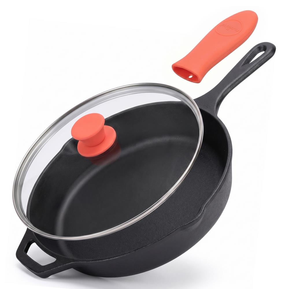NutriChef 10 Inch Cast Iron Skillet with Lid - Pre-Seasoned Small Fry Pan with Side Drip Spout and Silicone Handle
