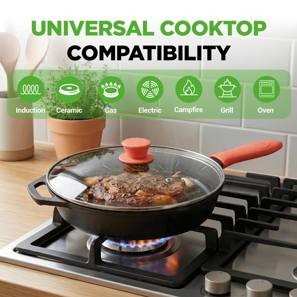 NutriChef 10 Inch Cast Iron Skillet with Lid - Pre-Seasoned Small Fry Pan with Side Drip Spout and Silicone Handle