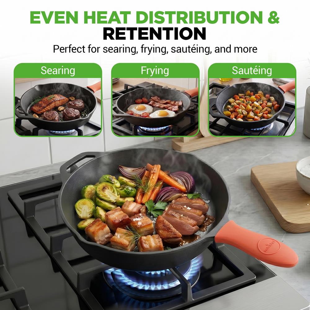 NutriChef 10 Inch Cast Iron Skillet with Lid - Pre-Seasoned Small Fry Pan with Side Drip Spout and Silicone Handle