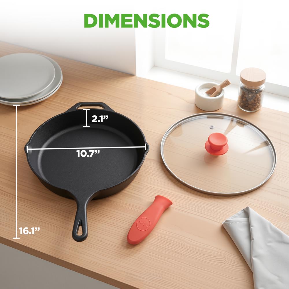 NutriChef 10 Inch Cast Iron Skillet with Lid - Pre-Seasoned Small Fry Pan with Side Drip Spout and Silicone Handle