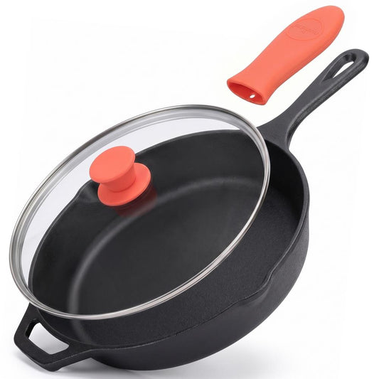 NutriChef 12-Inch Cast Iron Skillet w/Lid - Pre-Seasoned, Oven Safe, Nonstick, Cool-Touch Silicone Handle, For All Cooktops - NCCI12