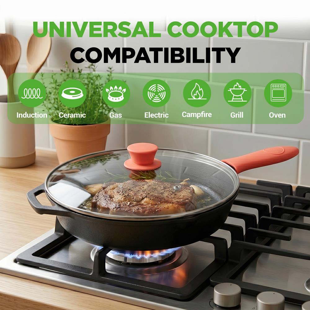 NutriChef 12-Inch Cast Iron Skillet w/Lid - Pre-Seasoned, Oven Safe, Nonstick, Cool-Touch Silicone Handle, For All Cooktops - NCCI12