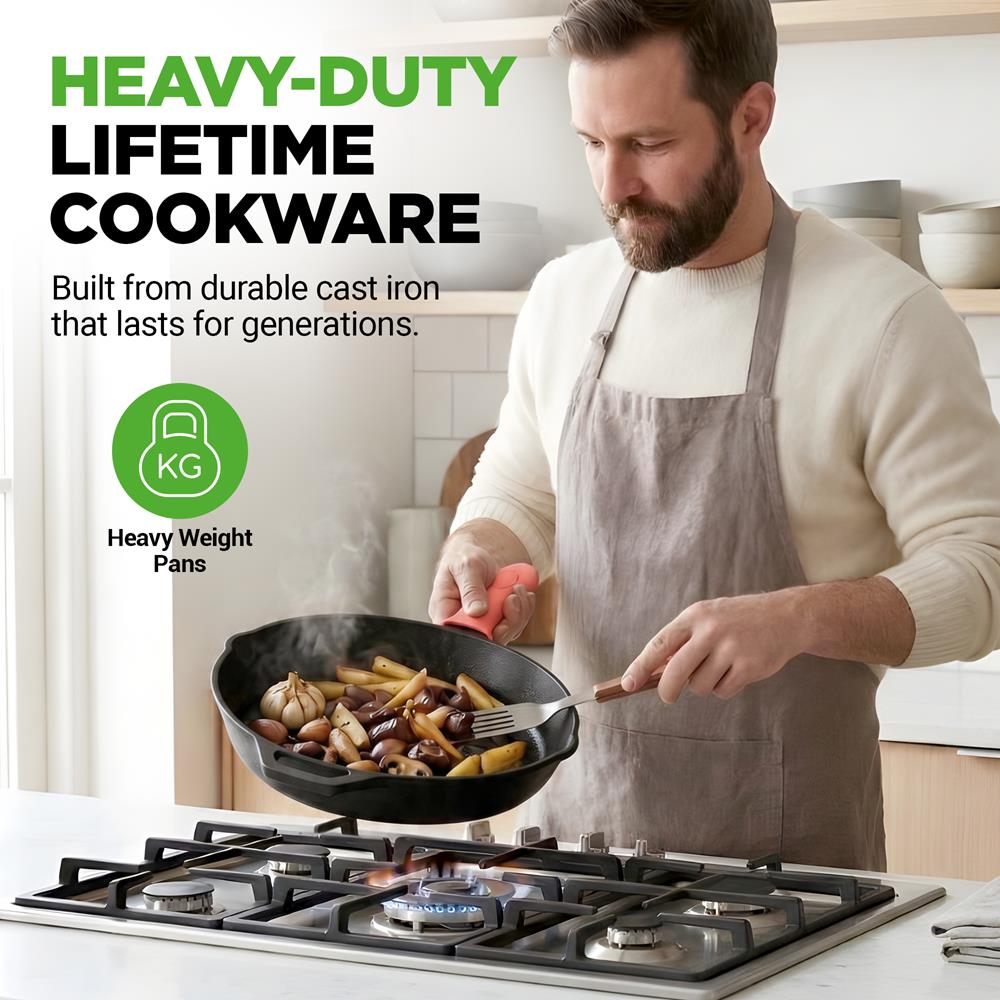 NutriChef 12-Inch Cast Iron Skillet w/Lid - Pre-Seasoned, Oven Safe, Nonstick, Cool-Touch Silicone Handle, For All Cooktops - NCCI12