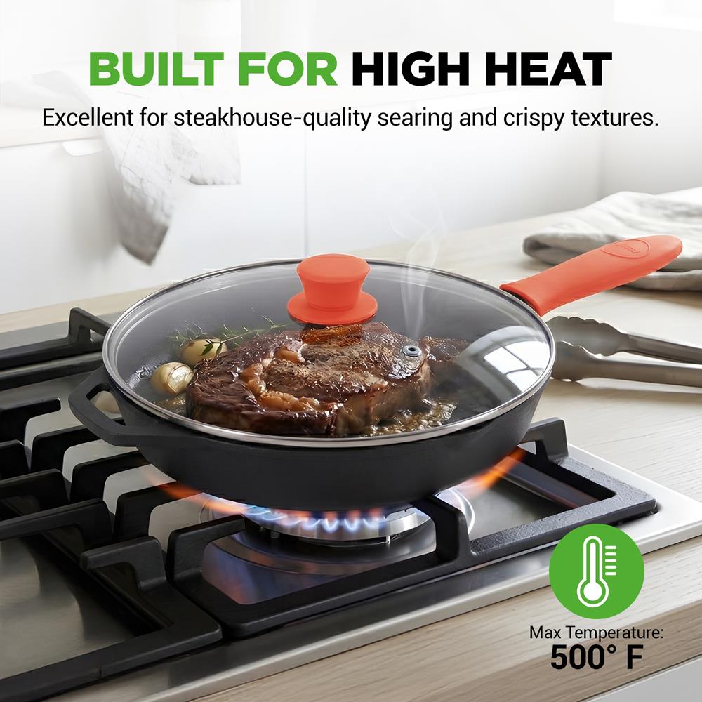 NutriChef 12-Inch Cast Iron Skillet w/Lid - Pre-Seasoned, Oven Safe, Nonstick, Cool-Touch Silicone Handle, For All Cooktops - NCCI12