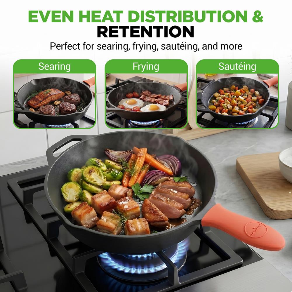 NutriChef 12-Inch Cast Iron Skillet w/Lid - Pre-Seasoned, Oven Safe, Nonstick, Cool-Touch Silicone Handle, For All Cooktops - NCCI12
