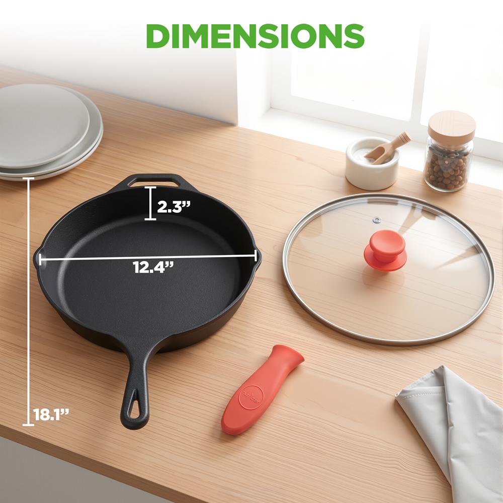 NutriChef 12-Inch Cast Iron Skillet w/Lid - Pre-Seasoned, Oven Safe, Nonstick, Cool-Touch Silicone Handle, For All Cooktops - NCCI12