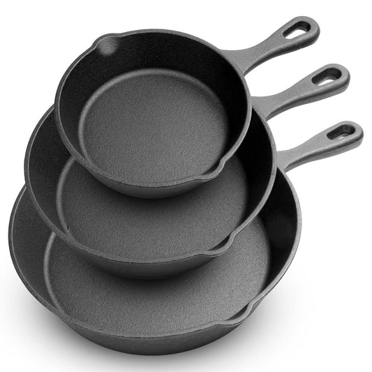 NutriChef Pre-Seasoned Cast Iron Skillet Pans - 3 Pieces Kitchen Frying Pan Nonstick Cookware Set w/Drip Spout - Includes Scraper - Electric Stovetop, Induction, Gas Range, Ceramic - NutriChef NCCI76
