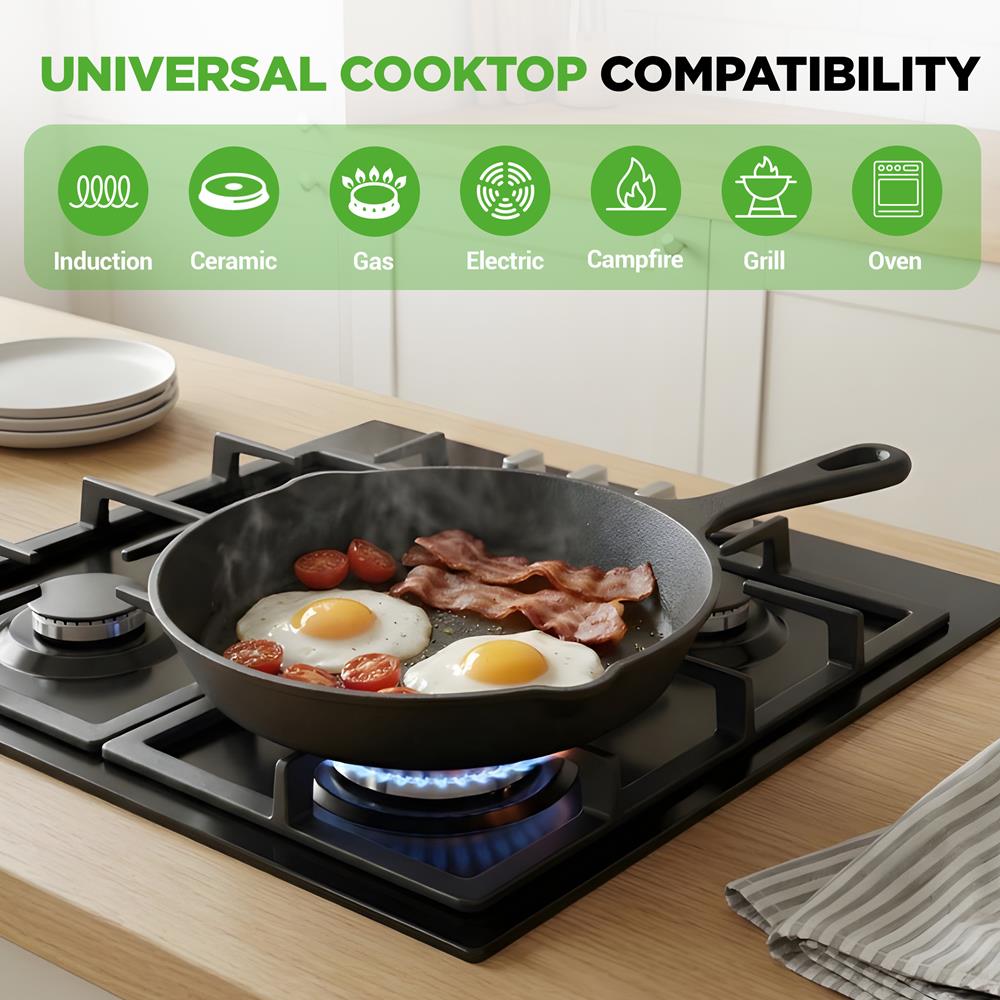NutriChef Pre-Seasoned Cast Iron Skillet Pans - 3 Pieces Kitchen Frying Pan Nonstick Cookware Set w/Drip Spout - Includes Scraper - Electric Stovetop, Induction, Gas Range, Ceramic - NutriChef NCCI76