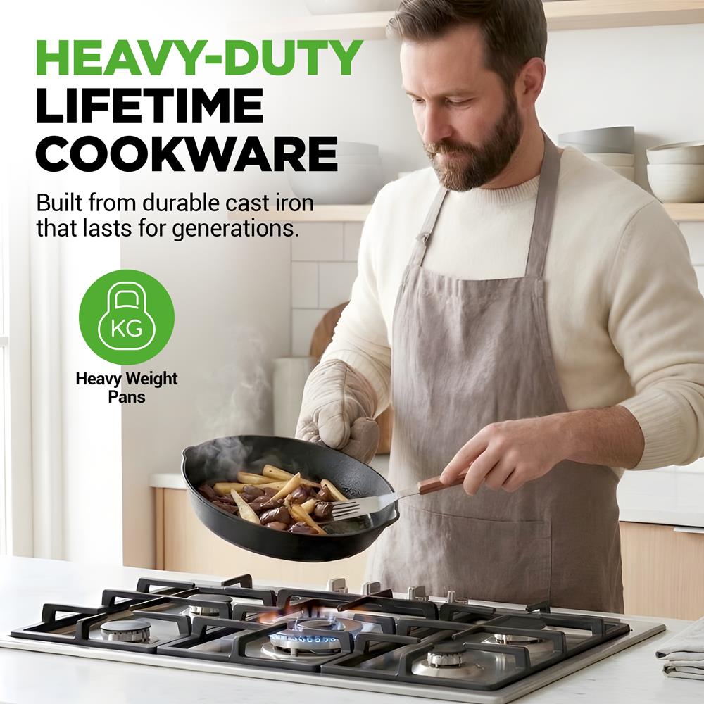NutriChef Pre-Seasoned Cast Iron Skillet Pans - 3 Pieces Kitchen Frying Pan Nonstick Cookware Set w/Drip Spout - Includes Scraper - Electric Stovetop, Induction, Gas Range, Ceramic - NutriChef NCCI76