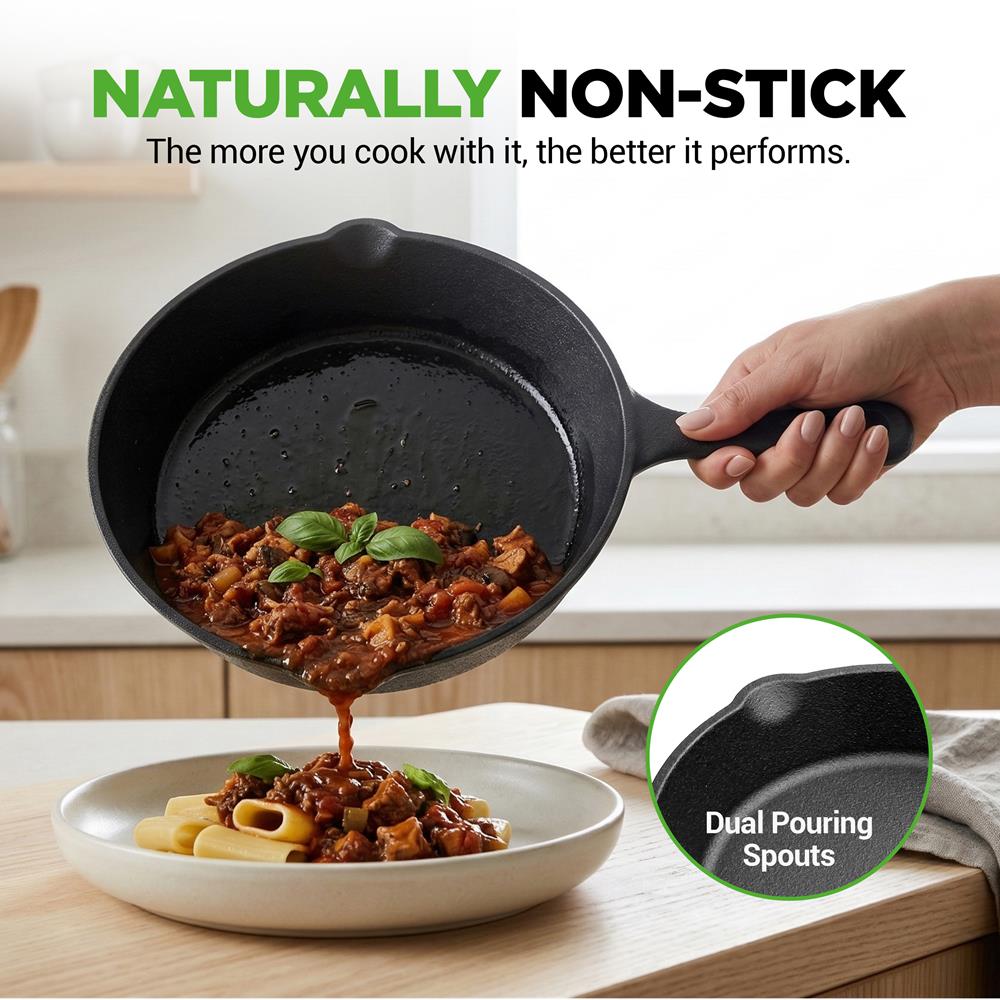 NutriChef Pre-Seasoned Cast Iron Skillet Pans - 3 Pieces Kitchen Frying Pan Nonstick Cookware Set w/Drip Spout - Includes Scraper - Electric Stovetop, Induction, Gas Range, Ceramic - NutriChef NCCI76