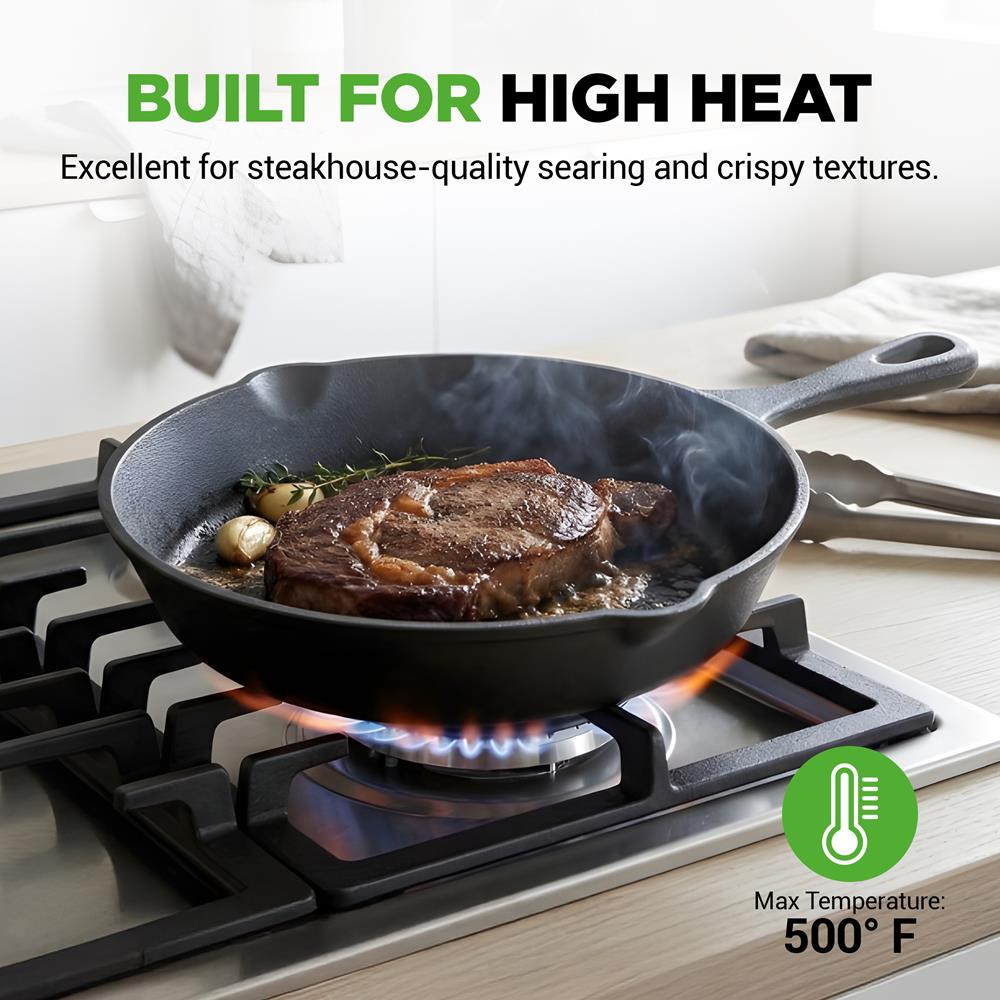 NutriChef Pre-Seasoned Cast Iron Skillet Pans - 3 Pieces Kitchen Frying Pan Nonstick Cookware Set w/Drip Spout - Includes Scraper - Electric Stovetop, Induction, Gas Range, Ceramic - NutriChef NCCI76