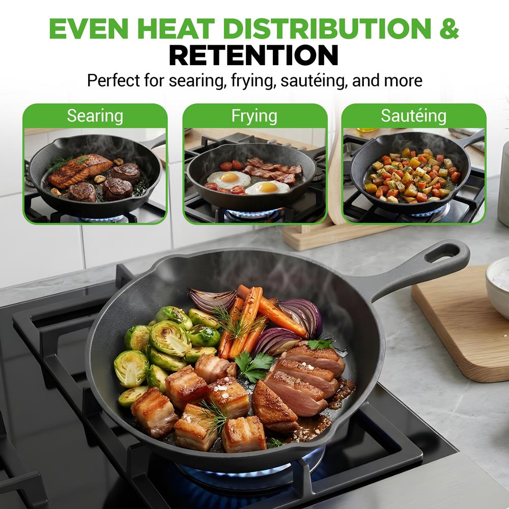 NutriChef Pre-Seasoned Cast Iron Skillet Pans - 3 Pieces Kitchen Frying Pan Nonstick Cookware Set w/Drip Spout - Includes Scraper - Electric Stovetop, Induction, Gas Range, Ceramic - NutriChef NCCI76