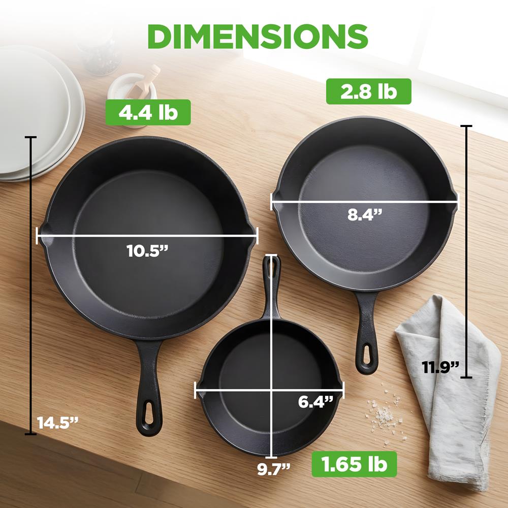 NutriChef Pre-Seasoned Cast Iron Skillet Pans - 3 Pieces Kitchen Frying Pan Nonstick Cookware Set w/Drip Spout - Includes Scraper - Electric Stovetop, Induction, Gas Range, Ceramic - NutriChef NCCI76