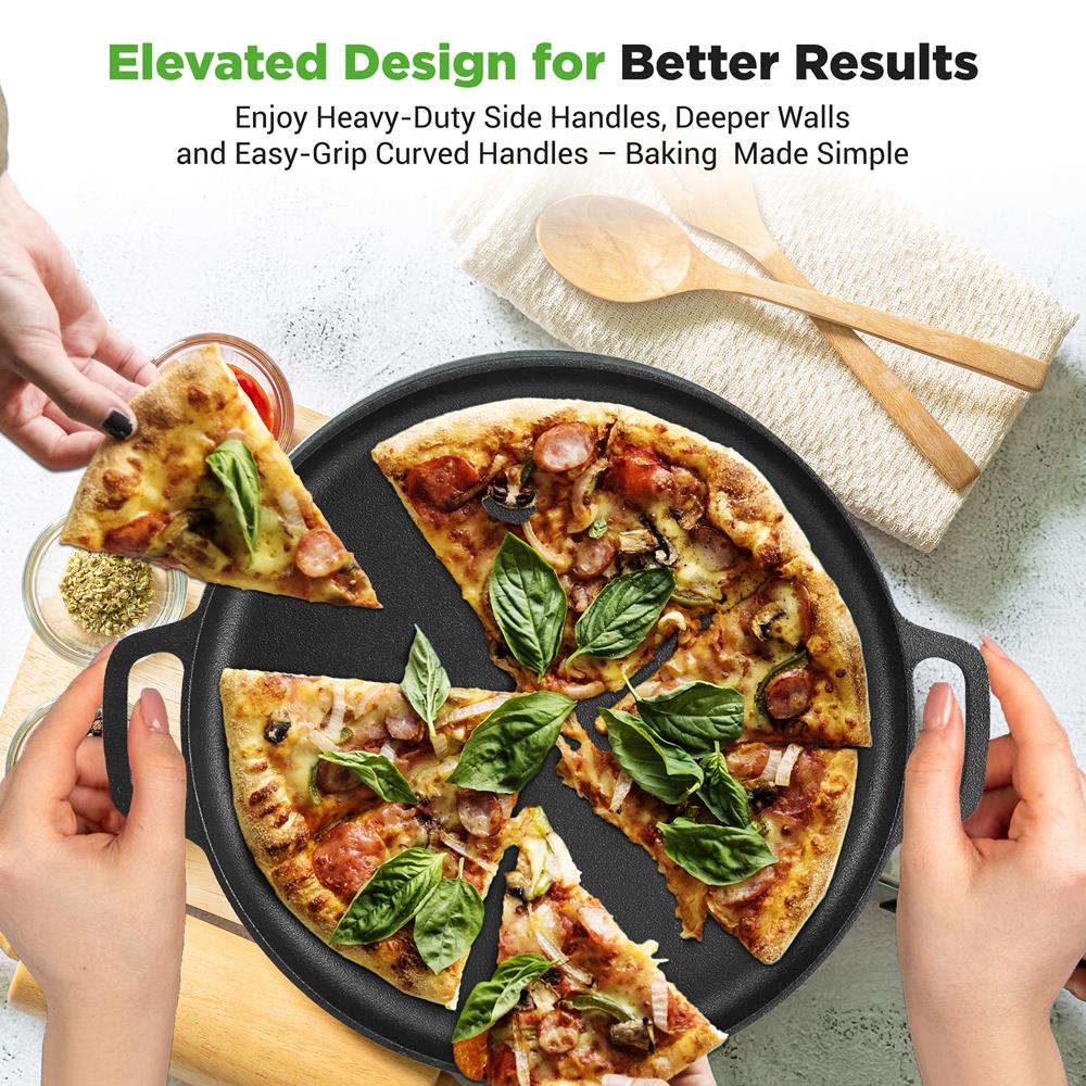 NutriChef 13-Inch Flat Cast Iron Pizza Pan - Versatile Pre-Seasoned Round Cooking Griddle w/ Built-In Handles for Oven, Grill, Stove, and Campfires