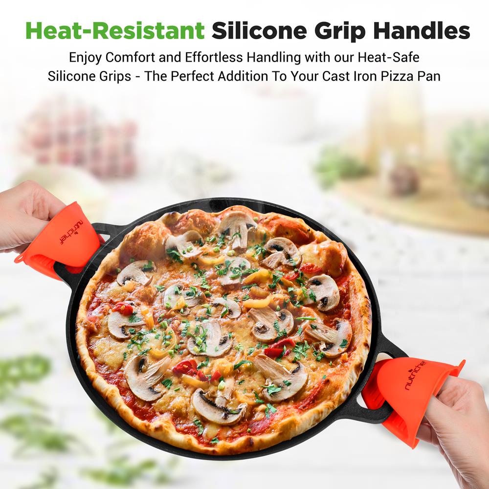 NutriChef 13-Inch Flat Cast Iron Pizza Pan - Versatile Pre-Seasoned Round Cooking Griddle w/ Built-In Handles for Oven, Grill, Stove, and Campfires