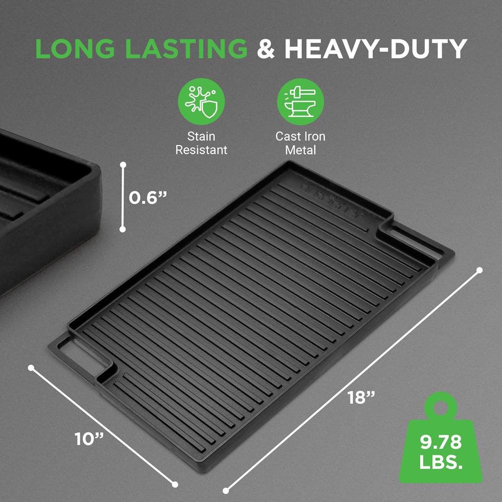 NutriChef Cast Iron Reversible Grill Plate – 18 Inch Flat & Ridged Skillet Griddle Pan, Fits Two Burners, for Gas, Electric, Ceramic Stovetops, with Silicone Oven Mitt