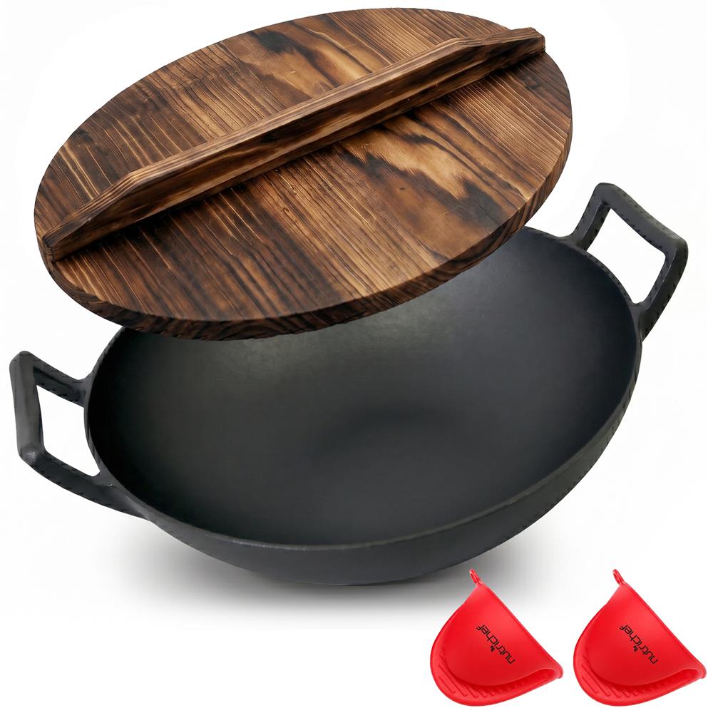 NutriChef Cast Iron Wok with Wooden Lid - Pre-Seasoned Chinese Wok for Stir-Fry, Compatible with Multiple Cooktops Including Induction, Large 5.8 Qt Capacity, 12" Diameter
