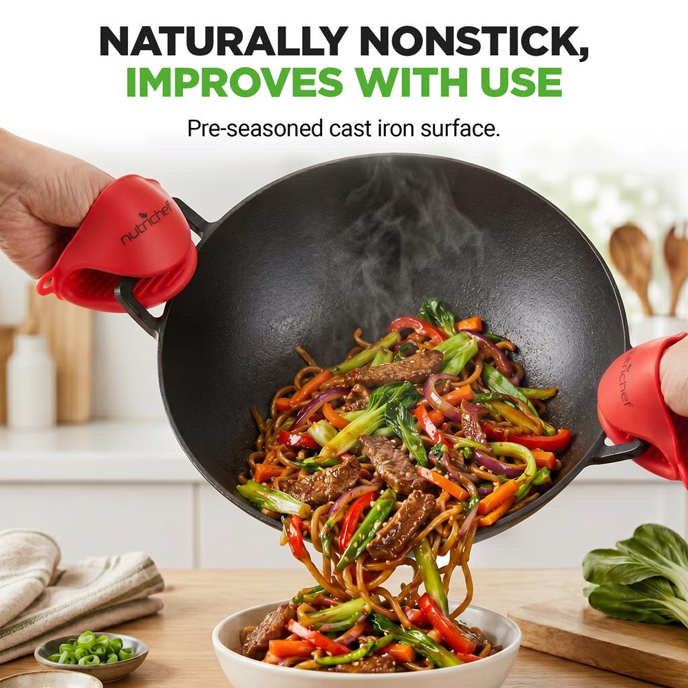 NutriChef Cast Iron Wok with Wooden Lid - Pre-Seasoned Chinese Wok for Stir-Fry, Compatible with Multiple Cooktops Including Induction, Large 5.8 Qt Capacity, 12" Diameter