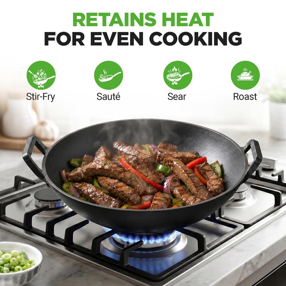 NutriChef Cast Iron Wok with Wooden Lid - Pre-Seasoned Chinese Wok for Stir-Fry, Compatible with Multiple Cooktops Including Induction, Large 5.8 Qt Capacity, 12" Diameter