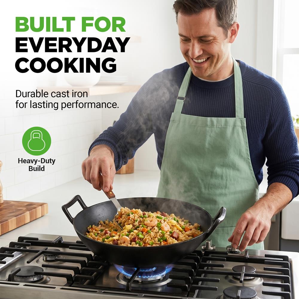 NutriChef Cast Iron Wok with Wooden Lid - Pre-Seasoned Chinese Wok for Stir-Fry, Compatible with Multiple Cooktops Including Induction, Large 5.8 Qt Capacity, 12" Diameter