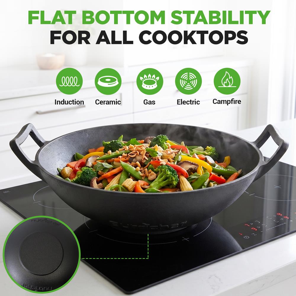 NutriChef Cast Iron Wok with Wooden Lid - Pre-Seasoned Chinese Wok for Stir-Fry, Compatible with Multiple Cooktops Including Induction, Large 5.8 Qt Capacity, 12" Diameter