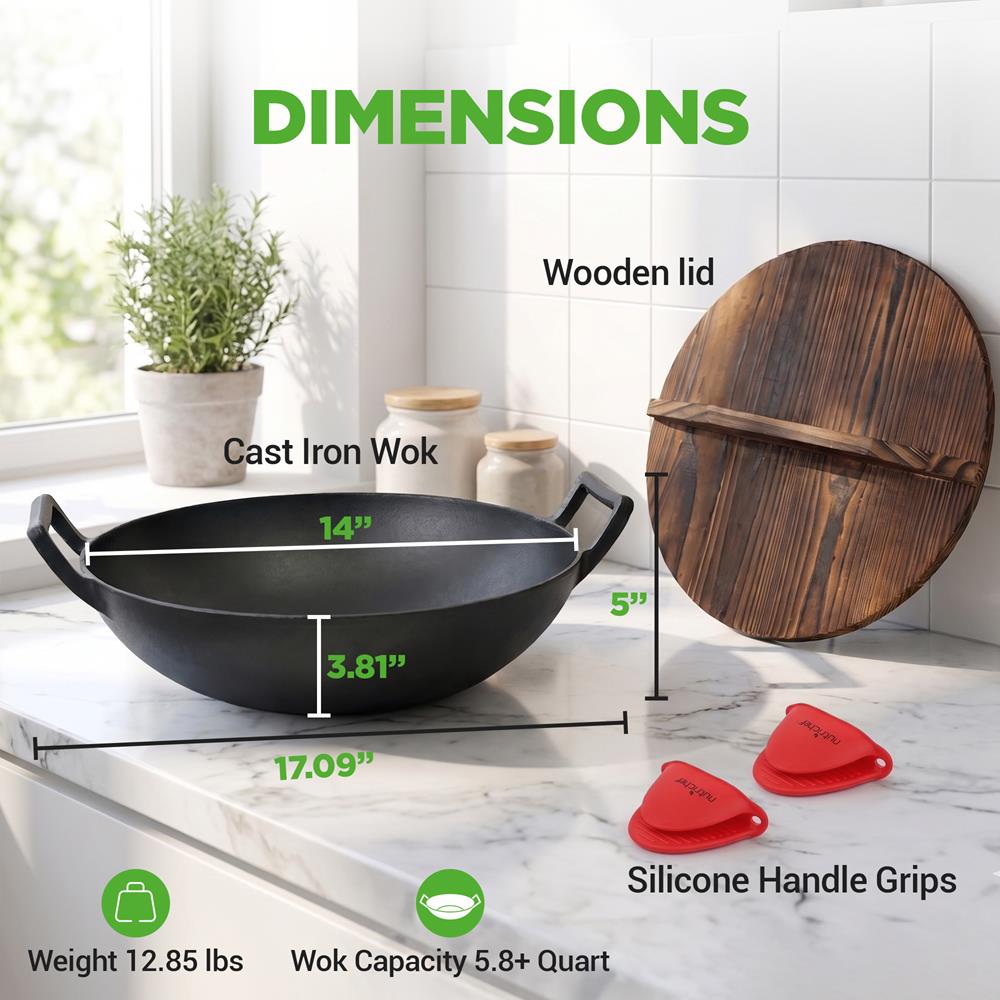 NutriChef Cast Iron Wok with Wooden Lid - Pre-Seasoned Chinese Wok for Stir-Fry, Compatible with Multiple Cooktops Including Induction, Large 5.8 Qt Capacity, 12" Diameter