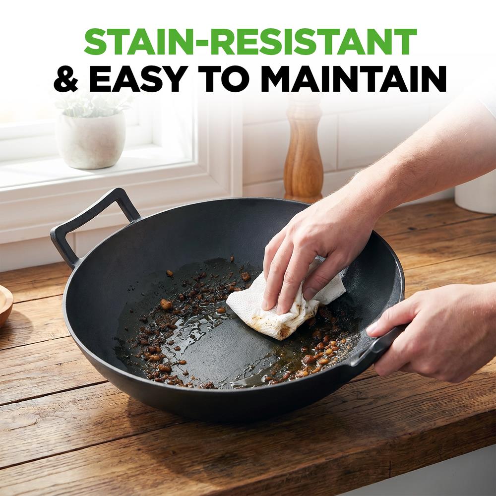 NutriChef Cast Iron Wok with Wooden Lid - Pre-Seasoned Chinese Wok for Stir-Fry, Compatible with Multiple Cooktops Including Induction, Large 5.8 Qt Capacity, 12" Diameter