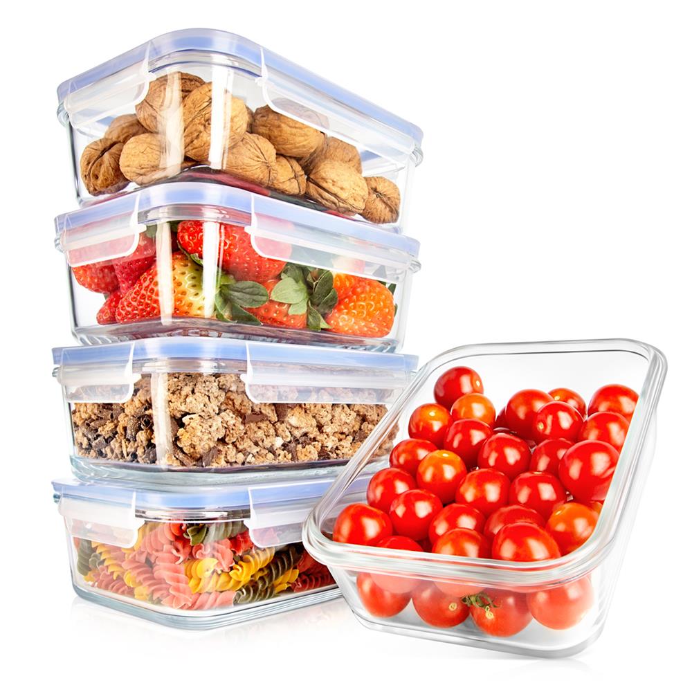 NutriChef 10-Piece Superior Glass Food Storage Containers Set (5 Containers + 5 Locking Lids),Stackable Meal-prep Design, BPA-free Airtight Clear Locking lids with Vent Lids & Air Hole, Blue