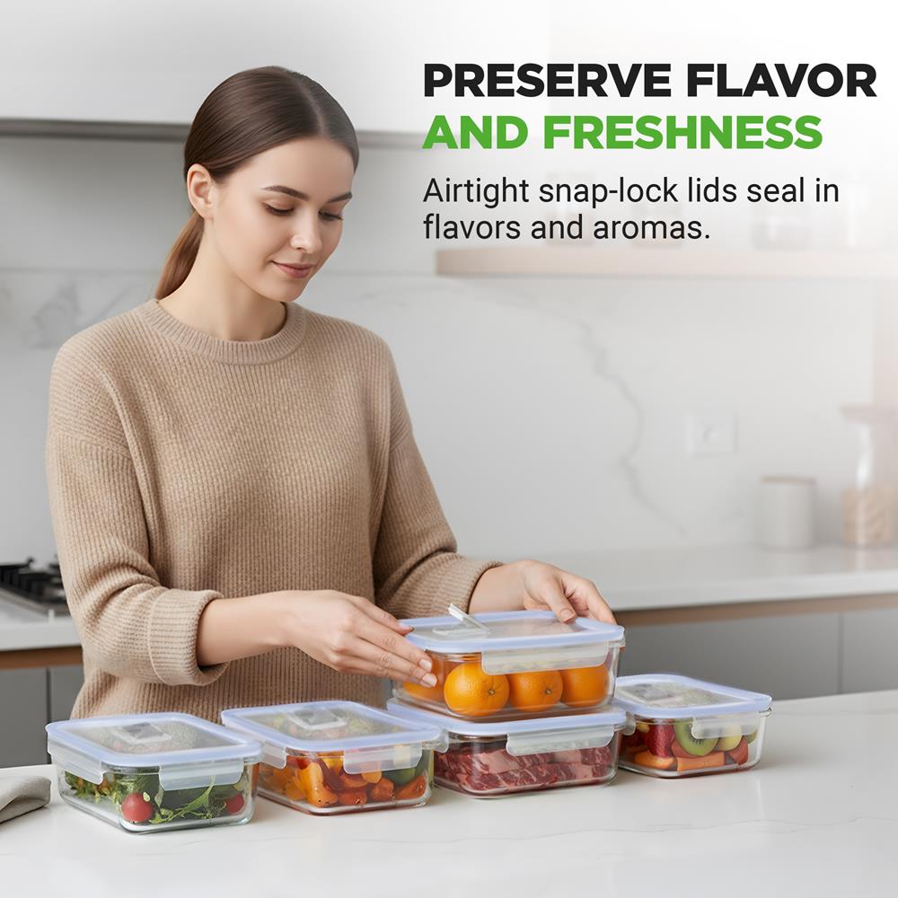 NutriChef 10-Piece Superior Glass Food Storage Containers Set (5 Containers + 5 Locking Lids),Stackable Meal-prep Design, BPA-free Airtight Clear Locking lids with Vent Lids & Air Hole, Blue