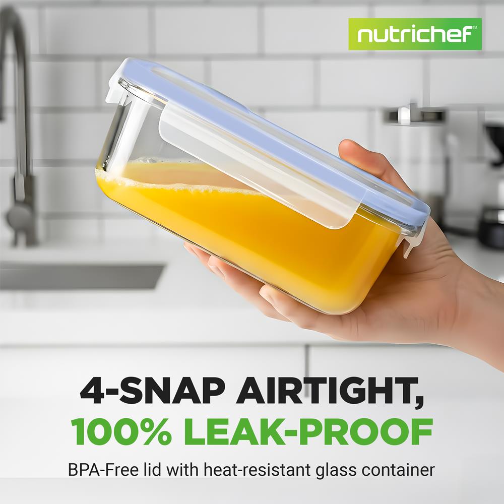 NutriChef 10-Piece Superior Glass Food Storage Containers Set (5 Containers + 5 Locking Lids),Stackable Meal-prep Design, BPA-free Airtight Clear Locking lids with Vent Lids & Air Hole, Blue