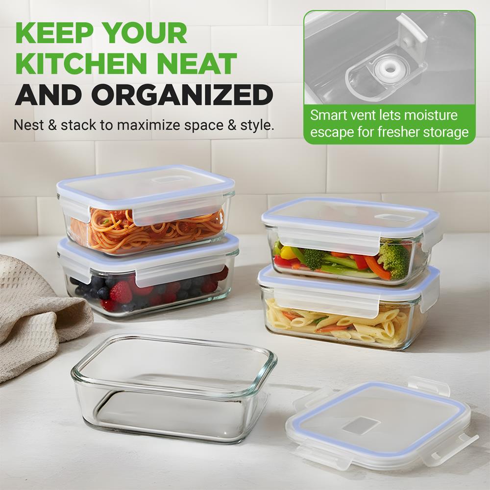 NutriChef 10-Piece Superior Glass Food Storage Containers Set (5 Containers + 5 Locking Lids),Stackable Meal-prep Design, BPA-free Airtight Clear Locking lids with Vent Lids & Air Hole, Blue