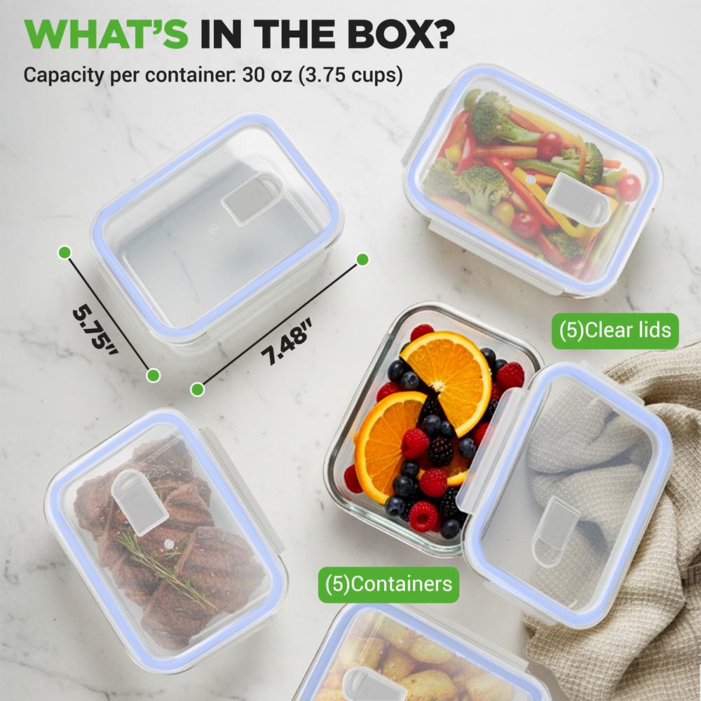 NutriChef 10-Piece Superior Glass Food Storage Containers Set (5 Containers + 5 Locking Lids),Stackable Meal-prep Design, BPA-free Airtight Clear Locking lids with Vent Lids & Air Hole, Blue