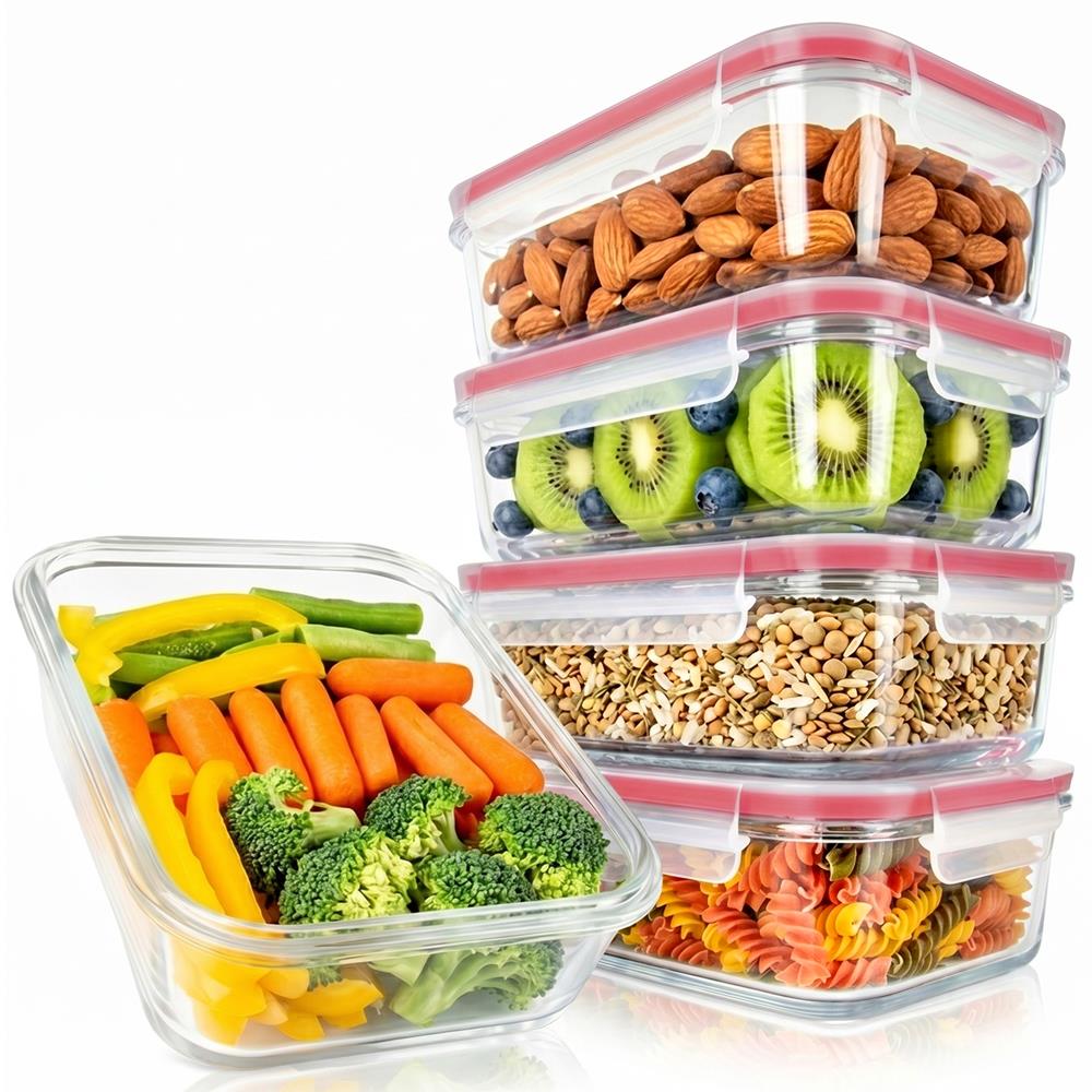 NutriChef 10-Piece Superior Glass Food Storage Containers Set (5 Containers + 5 Locking Lids),Stackable Meal-prep Design, BPA-free Airtight Clear Locking lids with Vent Lids & Air Hole, Red