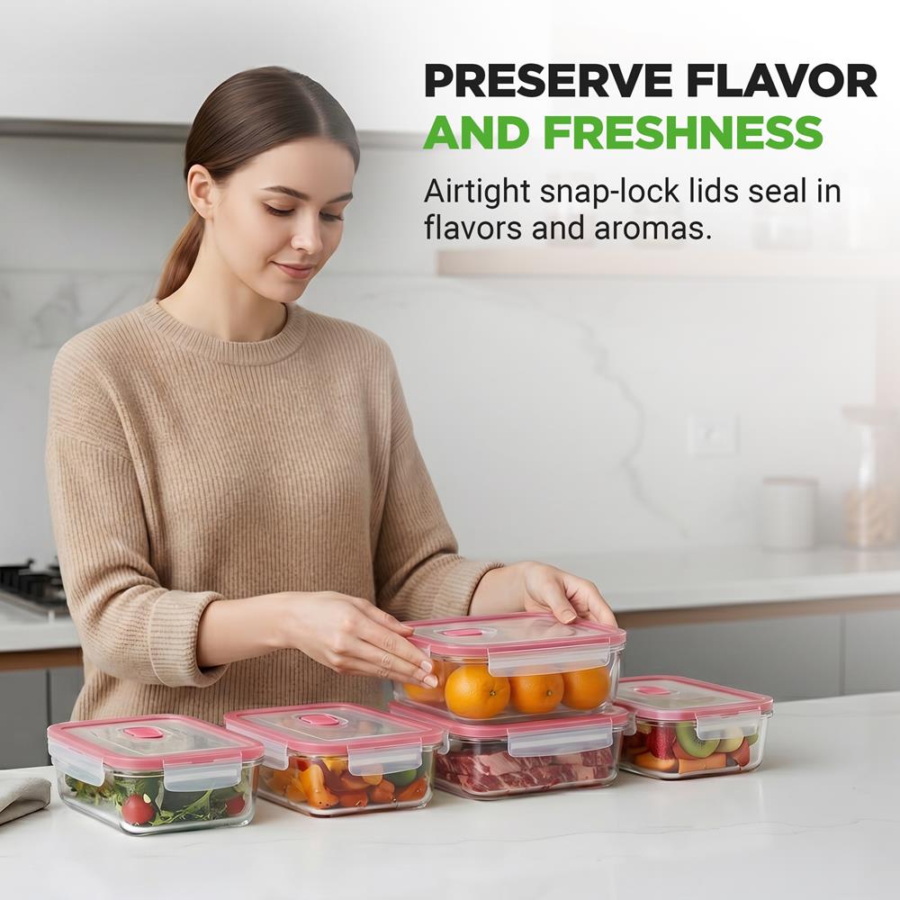 NutriChef 10-Piece Superior Glass Food Storage Containers Set (5 Containers + 5 Locking Lids),Stackable Meal-prep Design, BPA-free Airtight Clear Locking lids with Vent Lids & Air Hole, Red