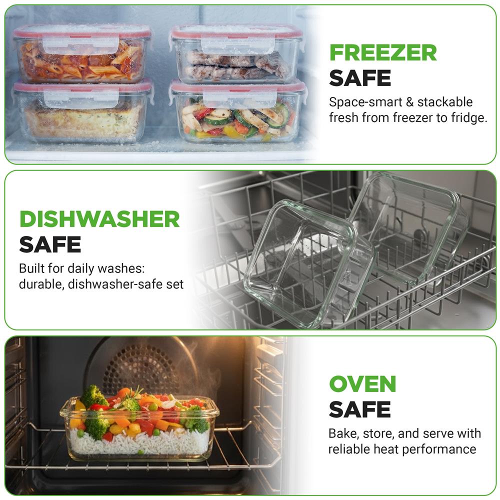 NutriChef 10-Piece Superior Glass Food Storage Containers Set (5 Containers + 5 Locking Lids),Stackable Meal-prep Design, BPA-free Airtight Clear Locking lids with Vent Lids & Air Hole, Red