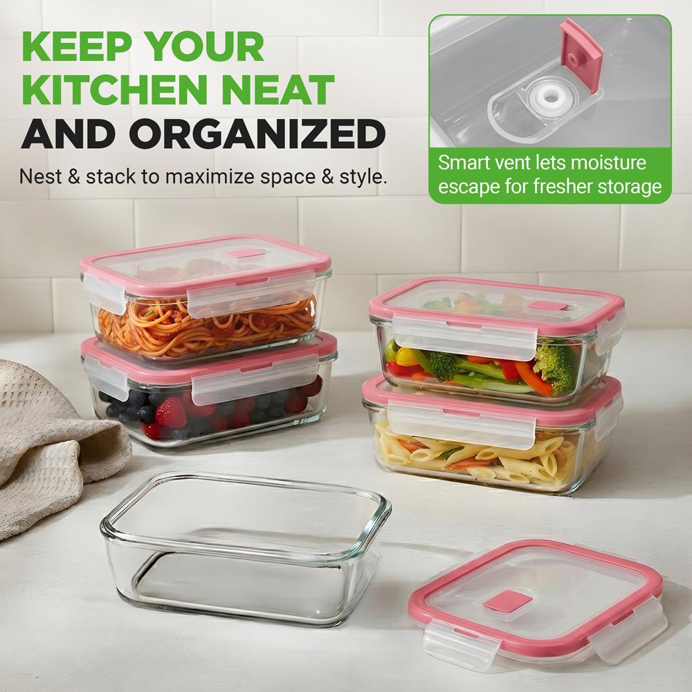 NutriChef 10-Piece Superior Glass Food Storage Containers Set (5 Containers + 5 Locking Lids),Stackable Meal-prep Design, BPA-free Airtight Clear Locking lids with Vent Lids & Air Hole, Red